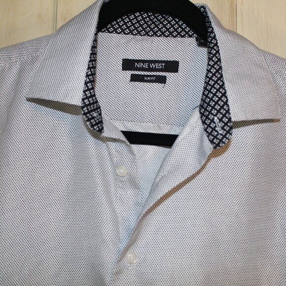 Nine West Slim Fit black white men's long-sleeve button-down shirt M - Picture 3 of 7